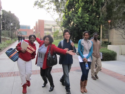 UCLA host Justin escorts Tuskegee students to the lab in Terasaki building.