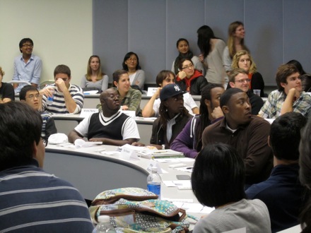 Students look on to their counterparts at UC Davis.