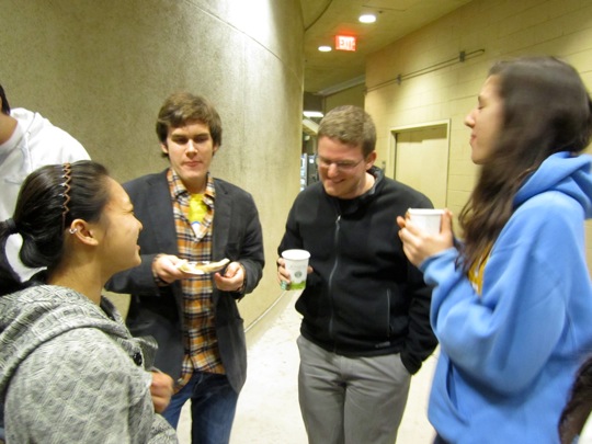 Teaching assistant, Elaine, enjoys conversing with the students during reception.