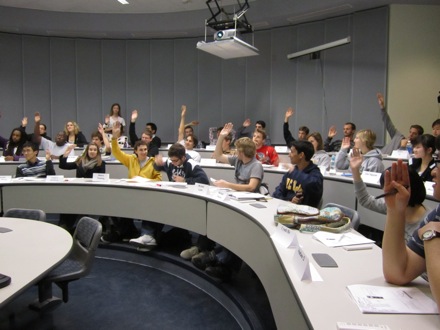 Students show a raise of hands to a question posed by Dr. Harada.