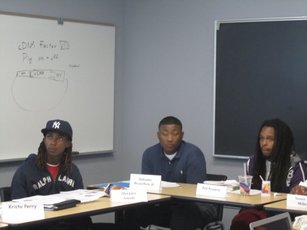 Oyejare, Antonio, and Eze attend Elaine's discussion section during their visit to UCLA.