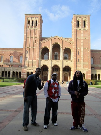 Antonio, Sonni, and Eze take five infront of Royce Hall, a classic UCLA symbol.