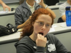 Margo throughly swabs her mouth for a cheek sample.