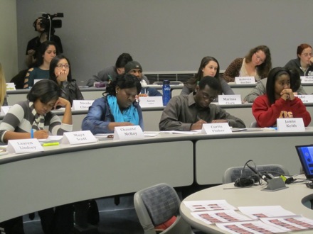 Tuskegee students get front row seats for the lecture.